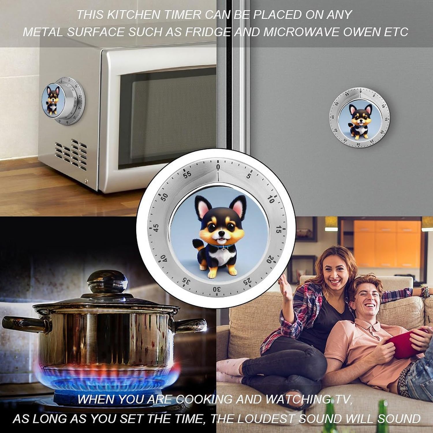 Card Love Fancy Puppy Timer Stainless Steel Kitchen Timers Waterproof & Rust-Proof 60 Minute Mechanical Timer with Loud Alarm for Cooking, Baking, Fitness