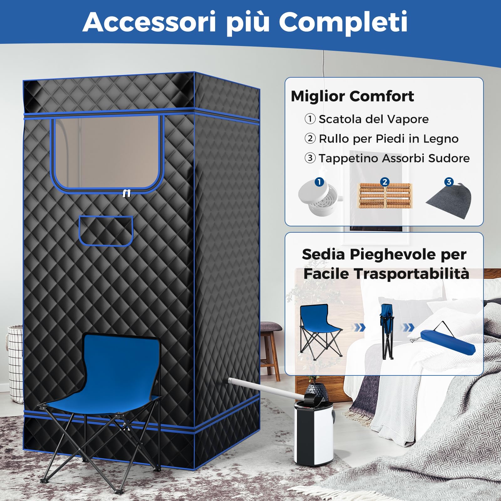 COSTWAY Cabina Sauna a Vapore 3L, Sauna da Casa con Massaggiatore per Piedi, 9 Livelli Temperatura, Timer 90 Minuti, Sedia Pieghevole, Tappetino, Nero