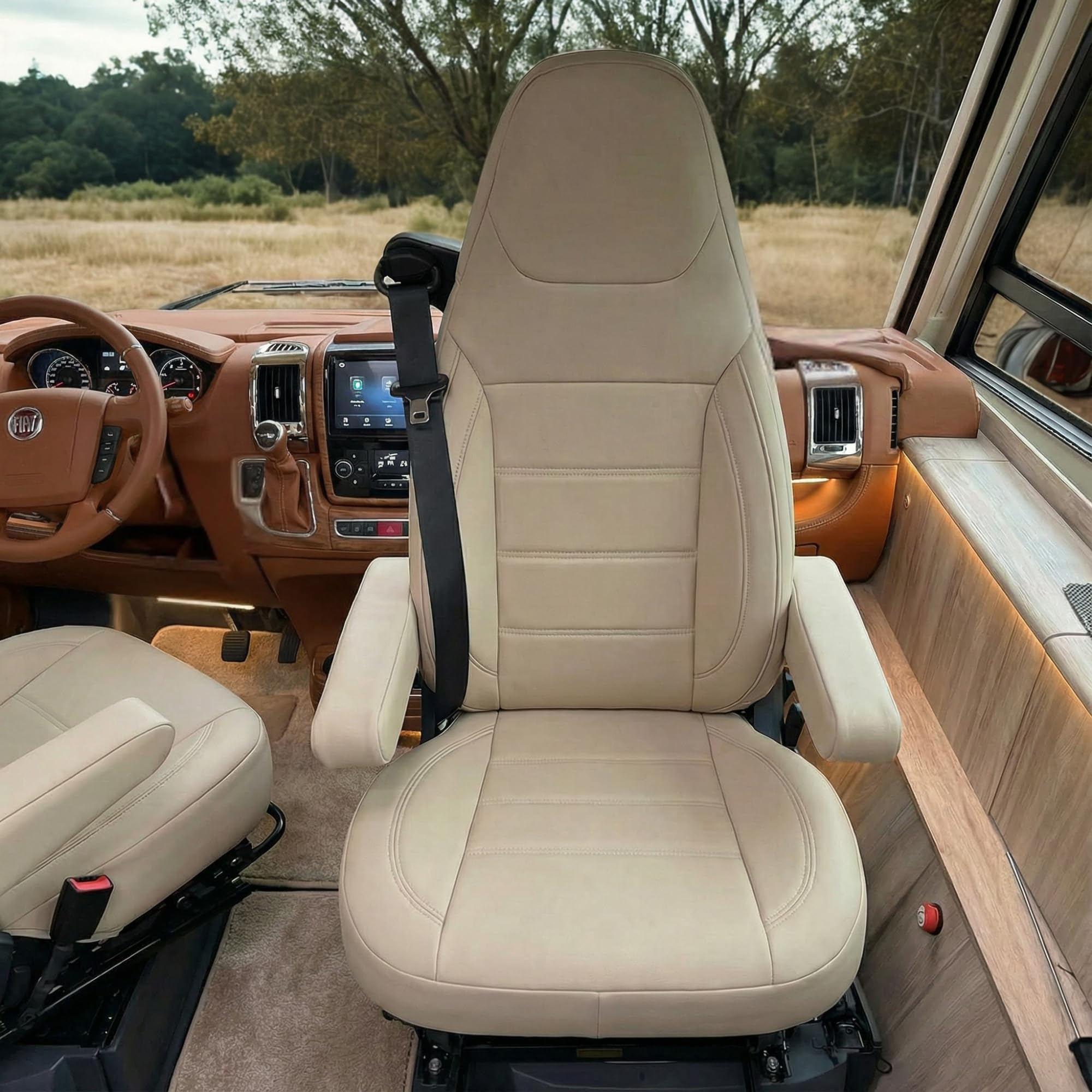 Lot de 2 housses de siège compatibles avec sièges de camping-car Aguti GIS Liner & Milan avec housses d'accoudoir, compatibles avec Pössl, Knaus, Adria, Carthago, etc. (beige)