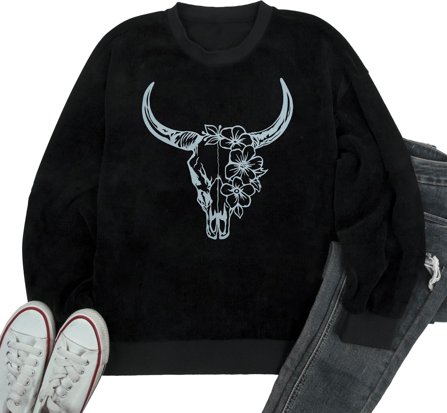 UNIQUEONE Boho Cow Skull Sweatshirt Women Cowgirl Shirt Rodeo Western Country Concert Outfits Nashville Graphic Pullover Tops