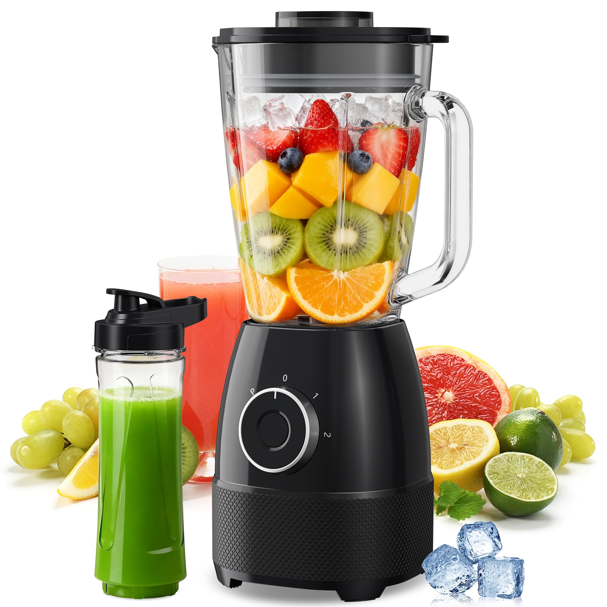 Blender, 1500 W, elektryczny smoothie blender z szklanym dzbankiem 1,5 l i przenośnymi butelkami 600 ml, regulowana prędkość, ostrze ze stali nierdzewnej do lodów, owoców, warzyw