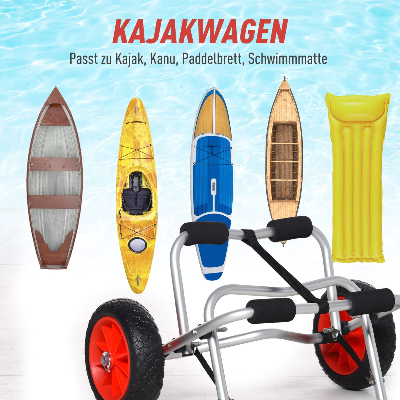 HOMCOM Alu Kanuwagen Kajakwagen Surfwagen klappbar mit Gurt Kunstleder-Räder Silber bis 75 kg 68 x 44,5 x 40 cm