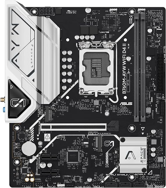 ASUS B760M-AYW WiFi D4 II Intel B760 (LGA 1700) microATX mATX Motherboard, PCIe 5.0 x16 Support, Two M.2 Slots, DDR4, Realtek 2.5Gb Ethernet, Wi-Fi 6, HDMI, SATA 6 Gbps, Front USB 5Gbps, Aura Sync