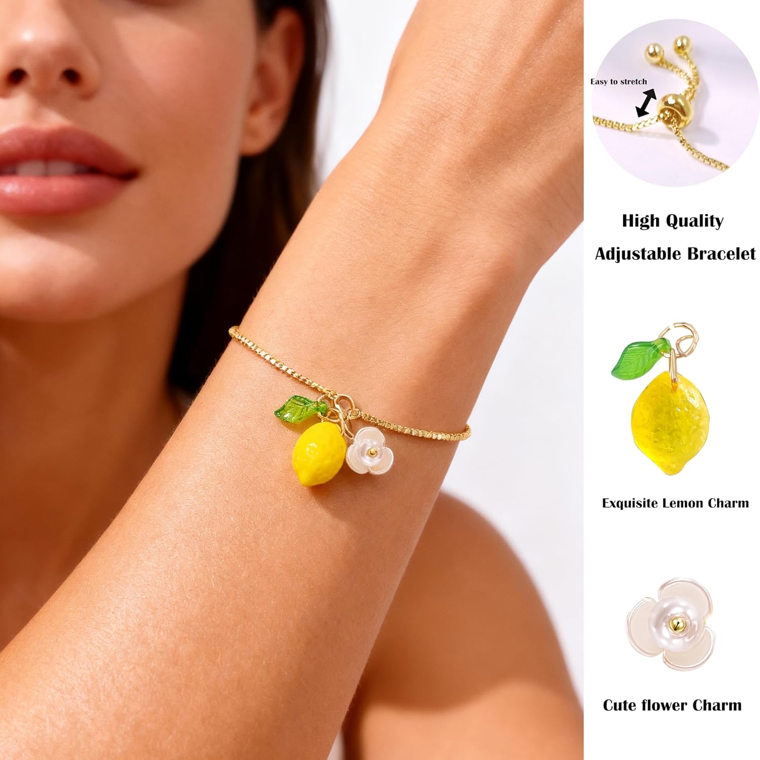 Dainty Yellow Lemon Bracelet for Women, Cute Fruit Lemon Charm, Exquisite Jewelry Gift for Friend Sister Mom Daughter Niece - Image 2