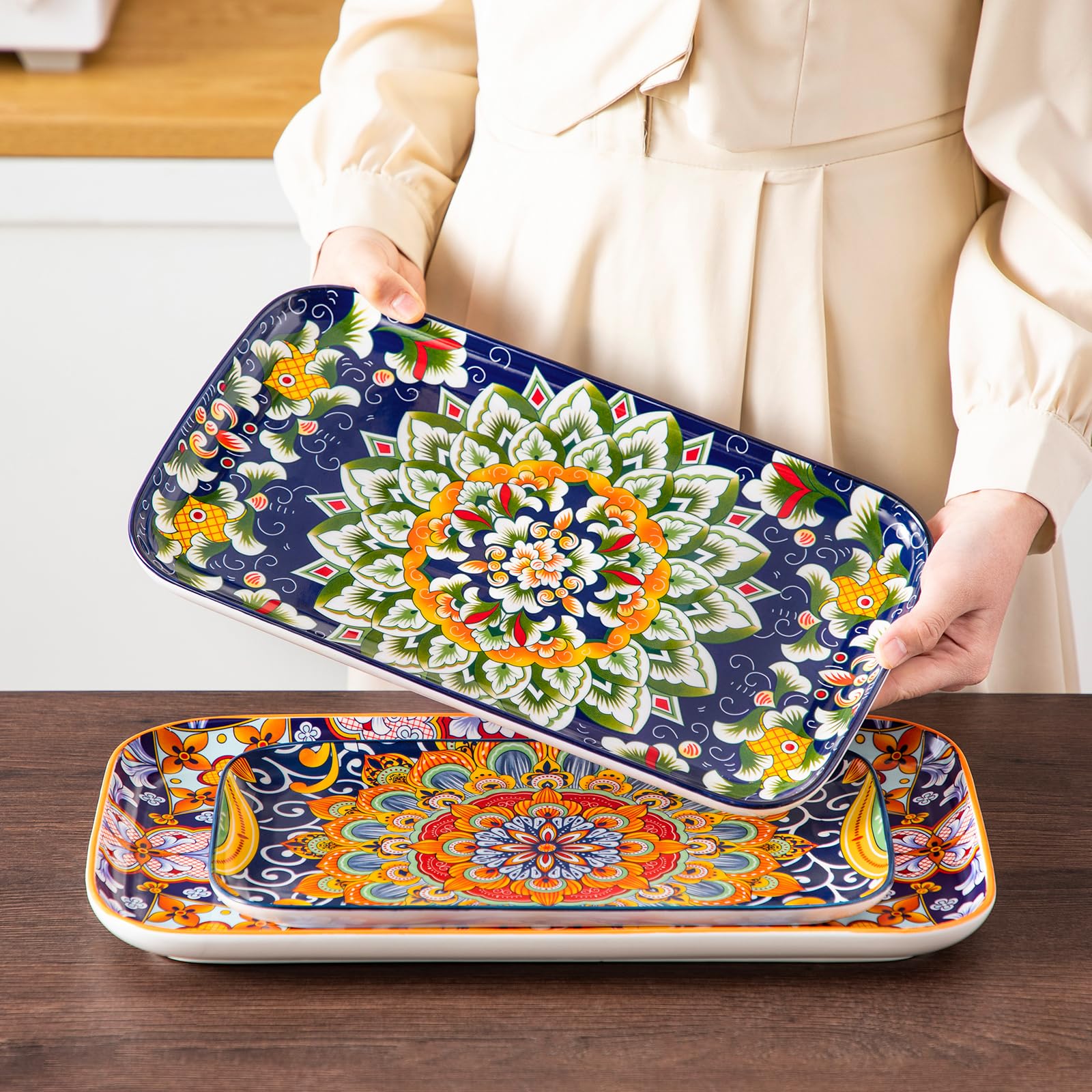 vancasso SIMI Juego de 3 Platos para Servir - Platos Rectangulares con 3 Tamaños para Aperitivos, Sushi, Fruta, Ensalada, Postre - Apto para Microondas/Horno/Lavavajillas - Estilo Bohemio Colorido