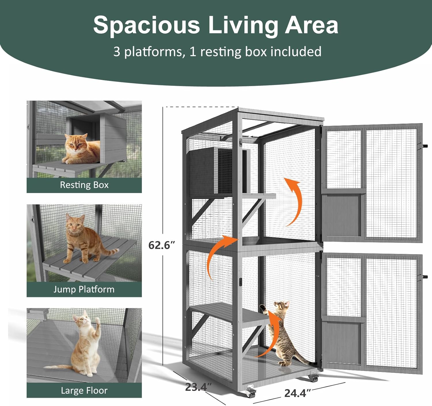 Cat Catio Outdoor Enclosure, 4 Tiers Indoor Catio with Wheels, Resting Box, Sunshine Panel Waterproof Roof, Indoor Cats Cage with Removable Wood Bottom and Easy Clean PVC Layer