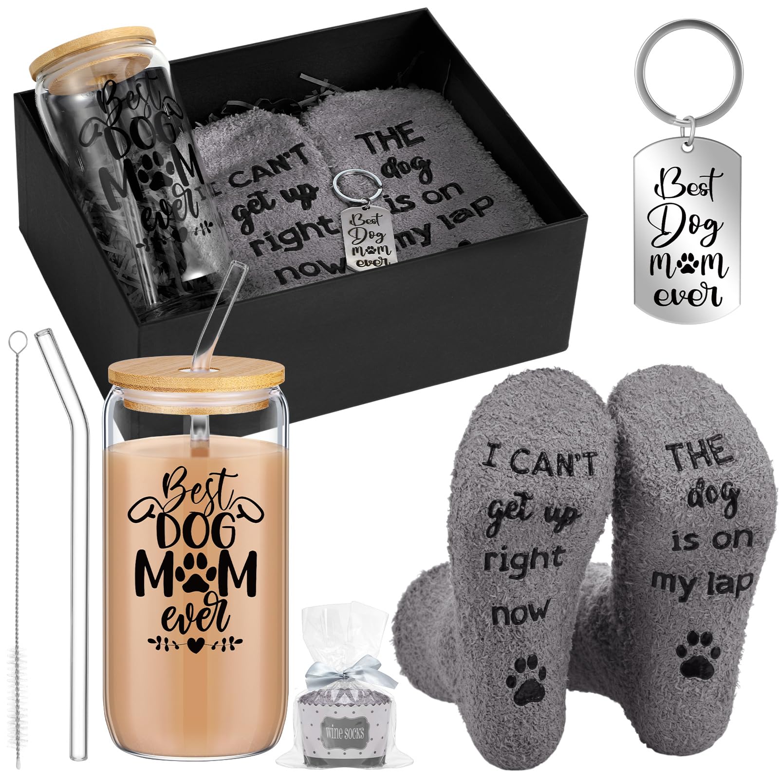 Honeydak Mother's Day Best Dog Mom Gifts for Women - 16 oz Glass Cup with Straw and Lid, Socks, Keychain, Basket - Funny Stocking Stuffers for Dog