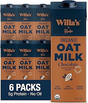Willa's Organic Chocolate Unsweetened Cacao Oat Milk – 50% Less Sugar, Non-GMO, Shelf Stable, Non-Dairy, Whole Grain Oats, No Oil, No Gums – 32 oz, 6 Pack