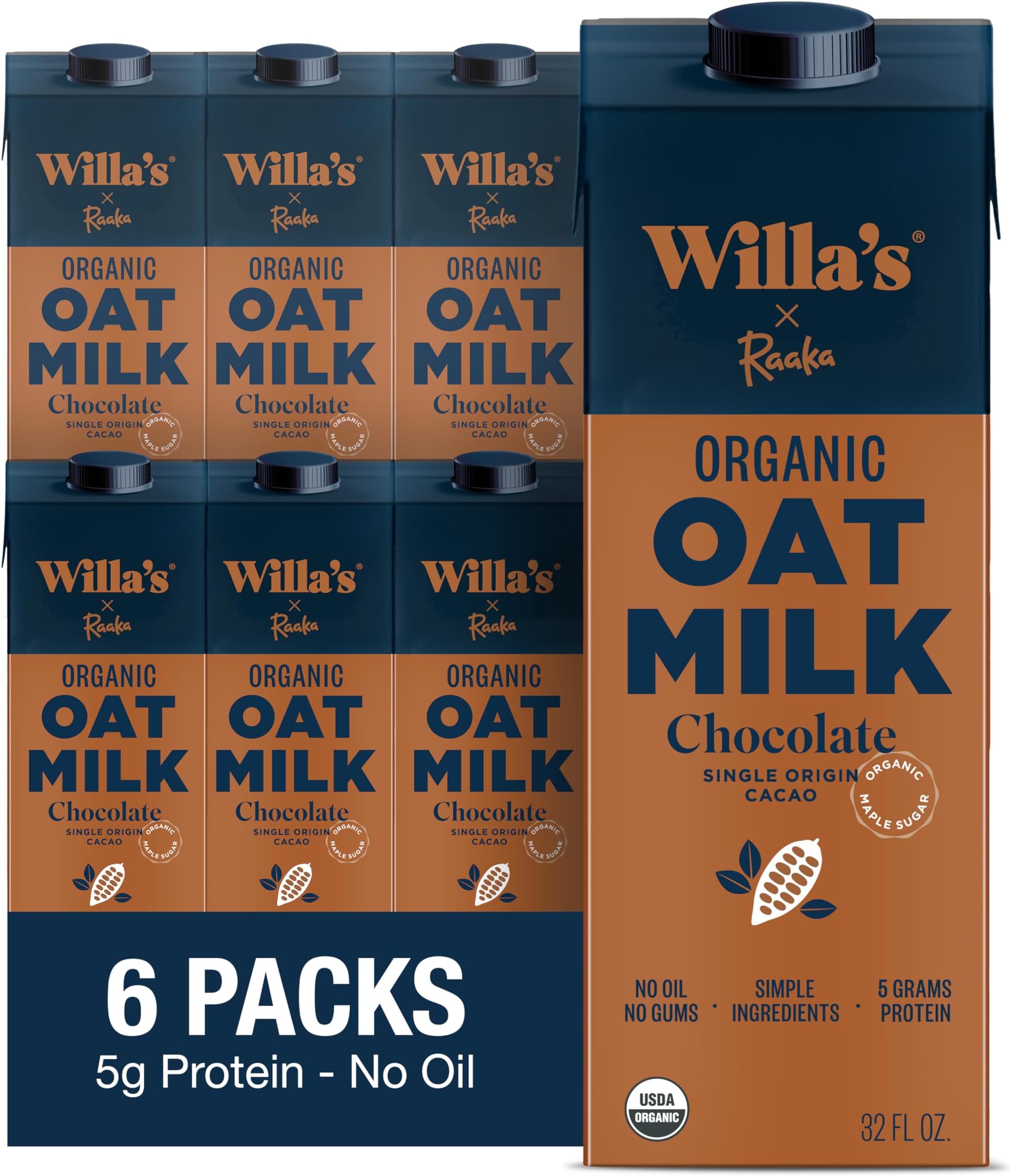 Organic Chocolate Unsweetened Cacao Oat Milk 32 oz – 50% Less Sugar, Non-GMO, Bobby Approved, Shelf Stable, Non-Dairy, Whole Grain Oats, No Oil, No Gums – 6 Pack