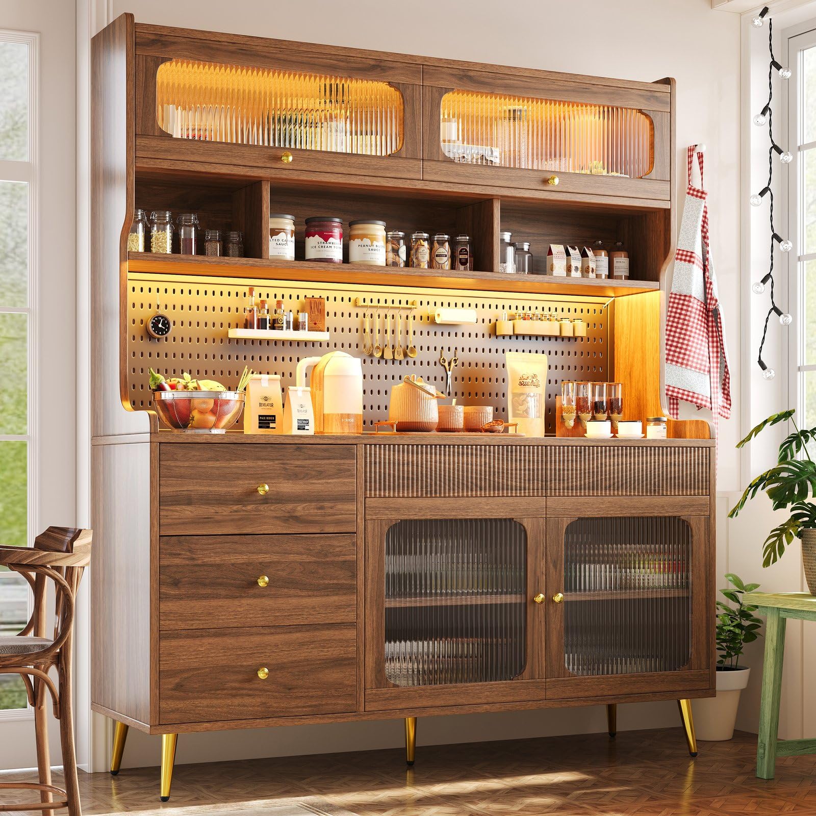 KOMHTOM Buffet Haut Cuisine 145x39x171 cm, LED RGB, Noyer