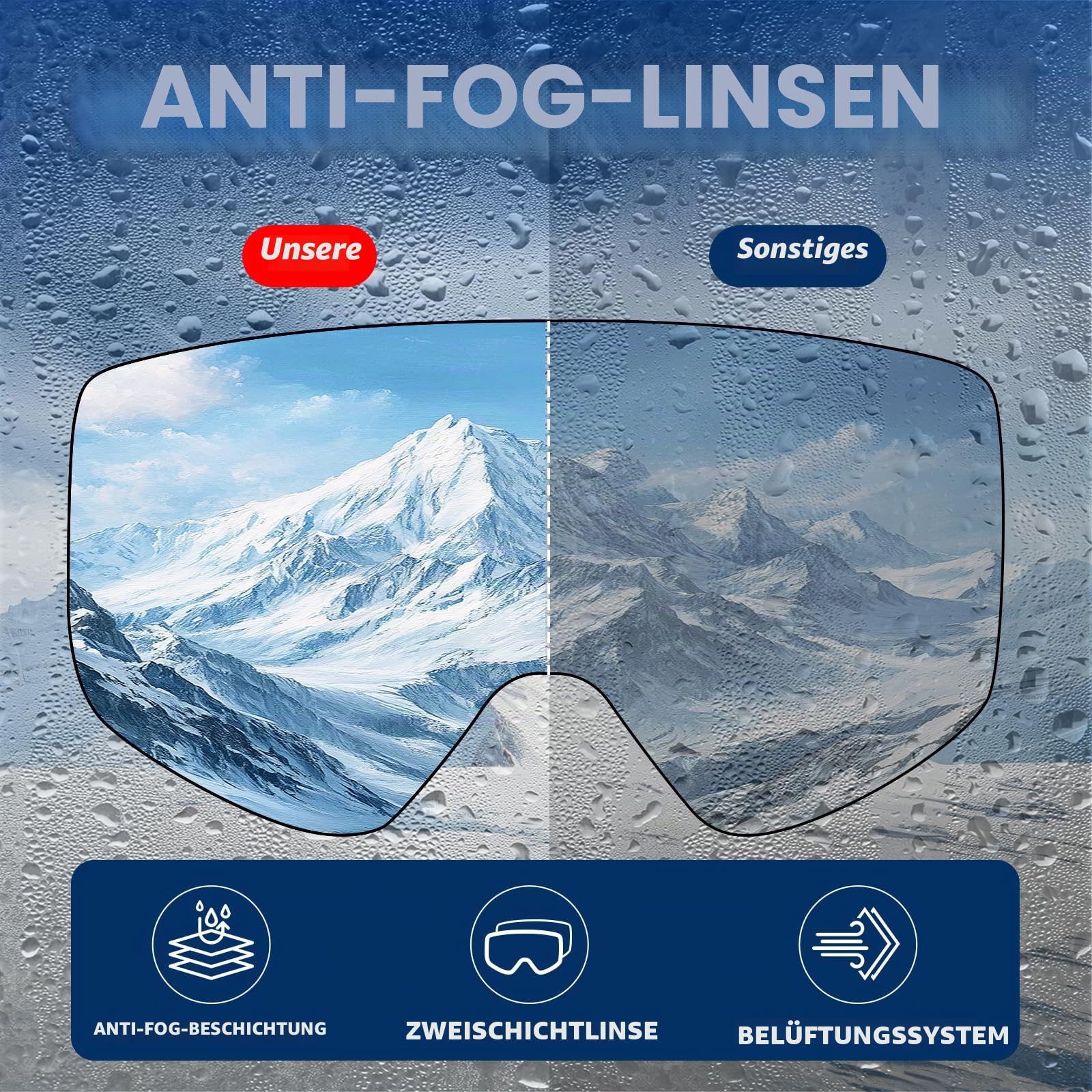 Skibrille für Erwachsene Herren Damen,YH227 Snowboardbrille für Brillenträger, Anti Fog OTG UV-Schutz Anti-Rutsch-Kopfband Vollständiges REVO-Design