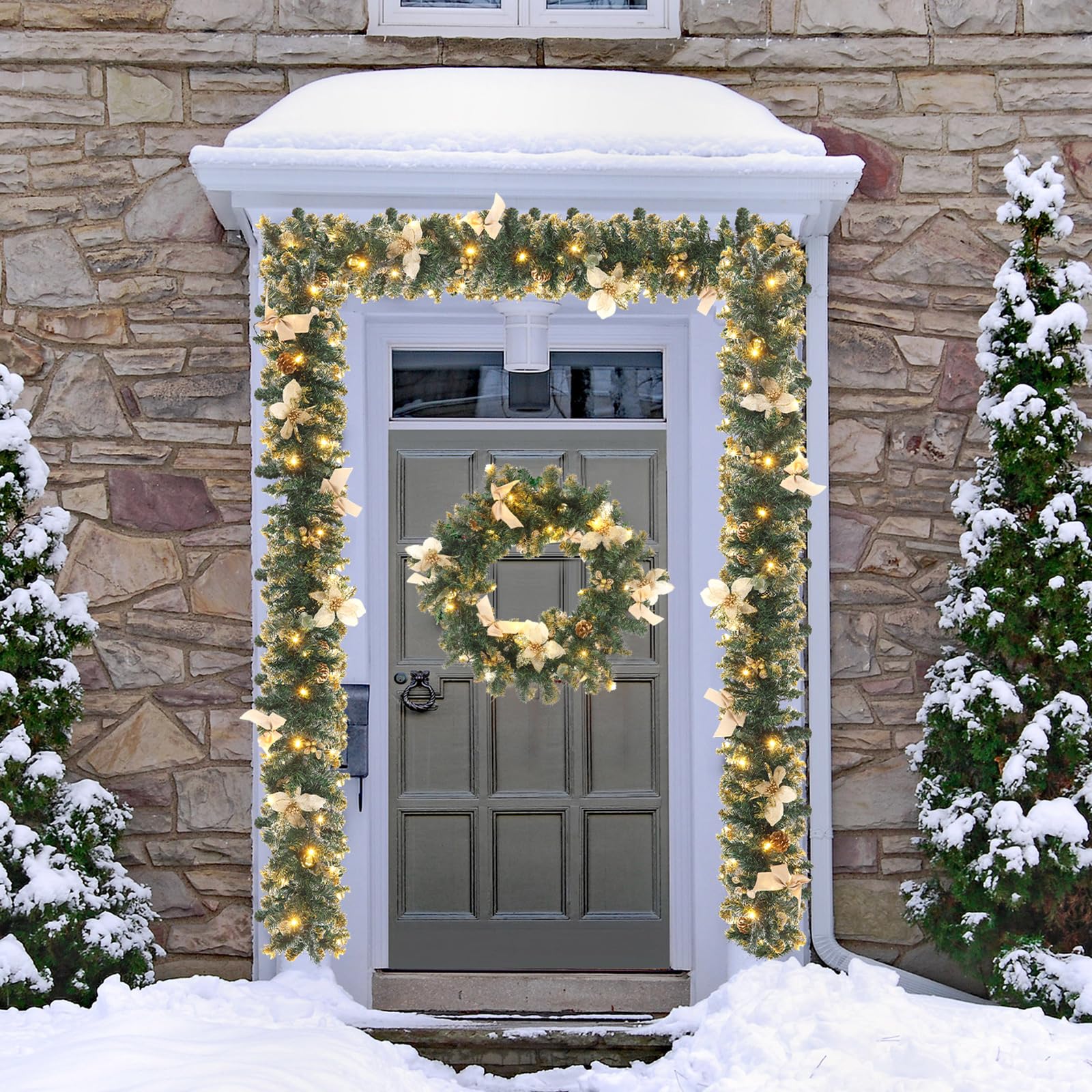Ceenna Lot de 2 guirlandes de Noël artificielles pré-éclairées de 1,8 m avec lumières - Guirlande de Noël avec baies de pin - Décoration de cheminée pour cheminée - Pour intérieur et extérieur - Pomme