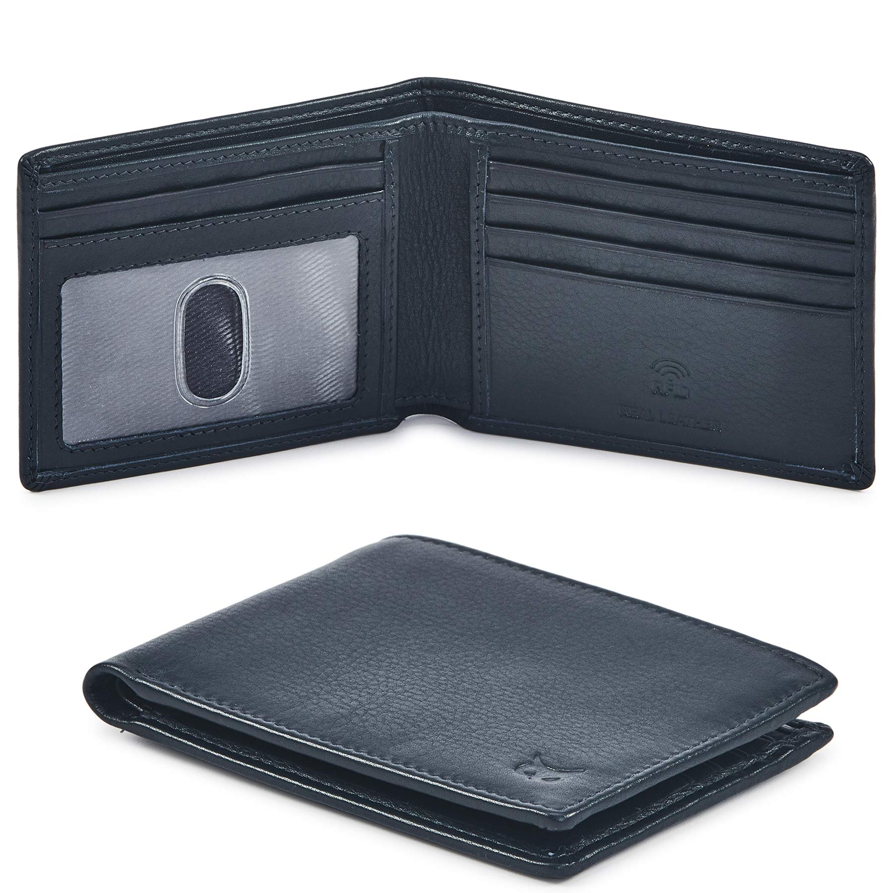 Real Leather Mens Bifold Wallet RFID Blocking Slim Minimalist Front Pocket - Thin & Stylish with ID Window in Gift Box (Nappa, Midnight Navy)