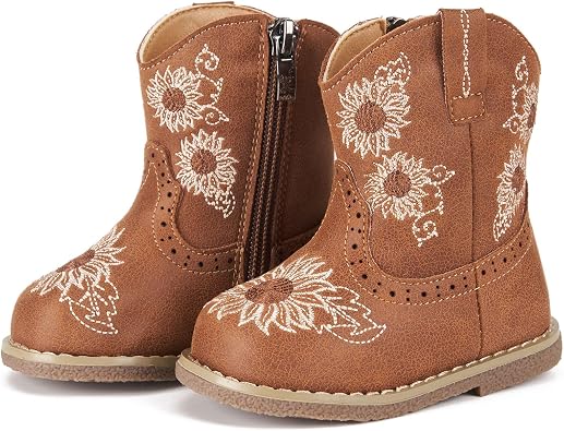 Newsonet Baby Cowboy Cowgirl Boots Infant Western Boots Toddler Boys Girls Round Toe Riding Mid Calf Boots All Seasons for 6 9 12 18 24 Months