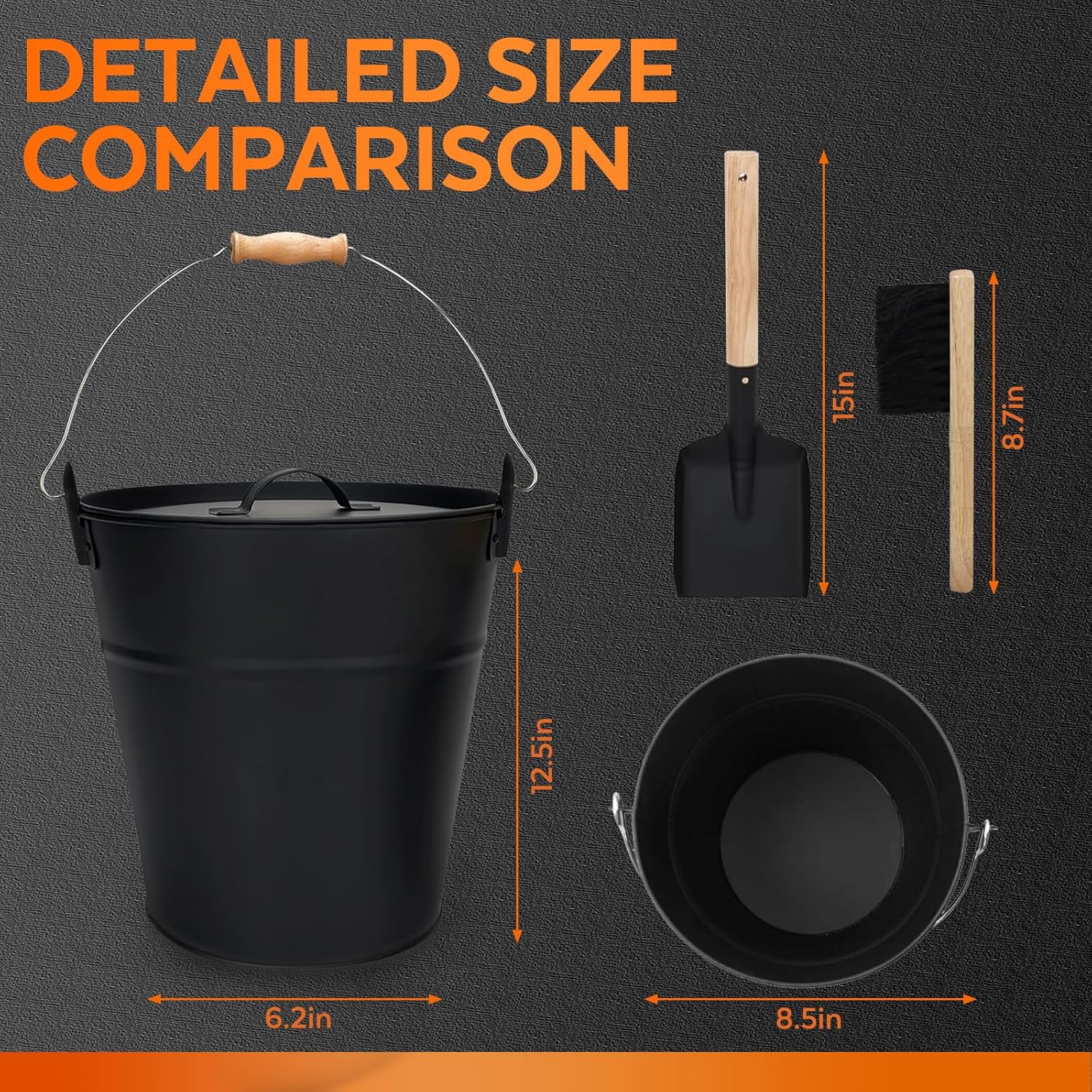 KEFIY 3.5 Gallon Ash Bucket with Lid and Shovel, Metal Fireplace Ash Bucket with Broom, Complete Fireplace Tools Set for Wood Stove and Fireplace