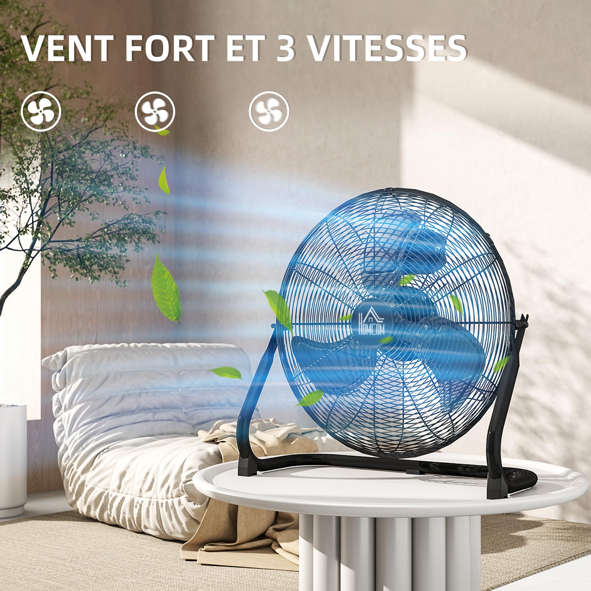 HOMCOM Ventilateur de Sol Ø59 cm Ventilateur Industriel sur pied 120 W avec 3 vitesses et inclinaison réglable à 120° en Métal pour chambre bureau Noir