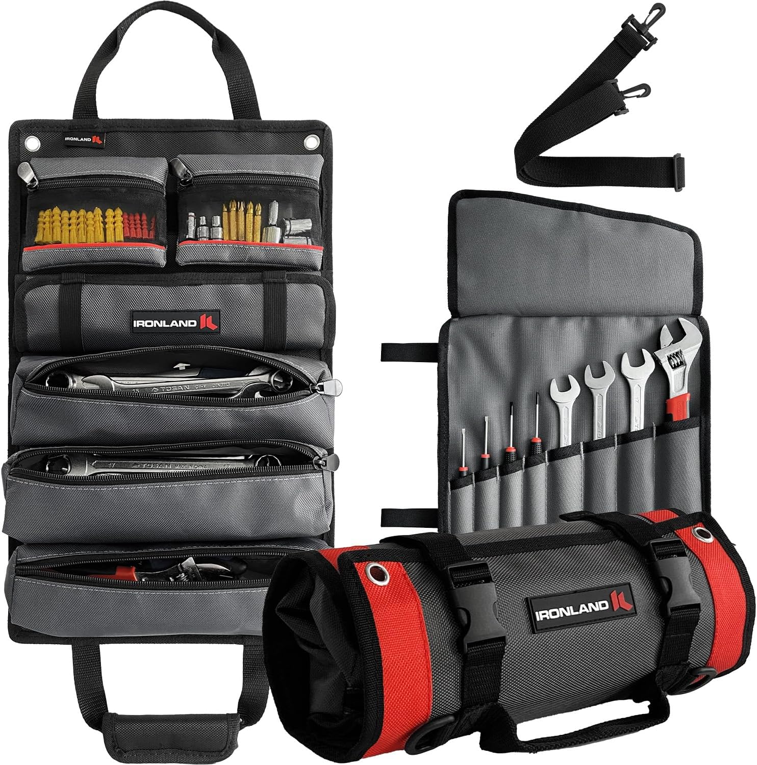 Tool Bag Roll Up, Heavy Duty Tool Organizer for Men Portable Tool Storage Box with 5 Detachable Zipper Pouch and Wrench Pouch - Gifts for Dad Tool Roll Organizer Adjustable Shoulder Strap Grey