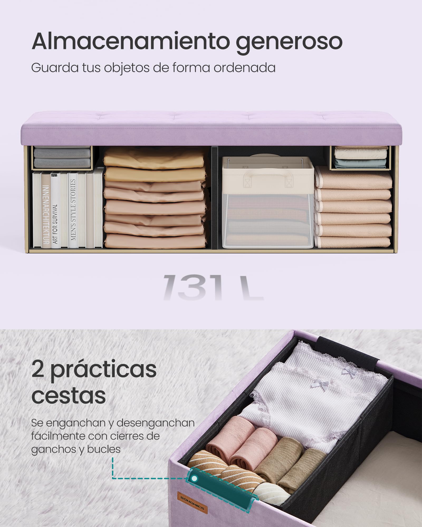 SONGMICS Puff Almacenaje, Baúl de Almacenaje Plegable, 38 x 110 x 38 cm, Taburete Reposapiés, Banco de Cubo, Soporta hasta 300 kg, para Sala de Estar, Dormitorio, Entrada, Lila Claro LSF277P01