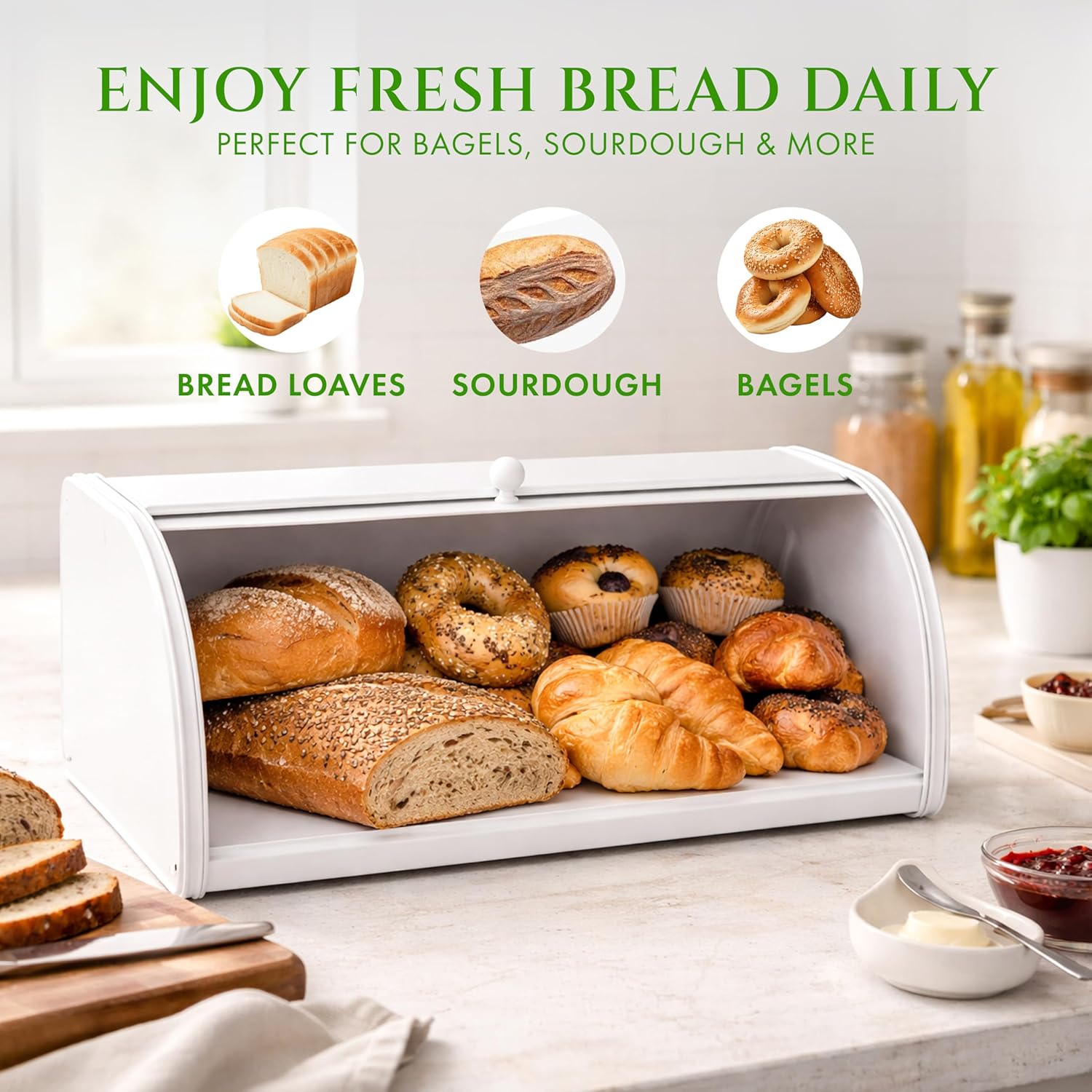 FINESSY Large Bread Box White for Pantry, Bread Box for Kitchen Countertop Stainless Steel, Breadbox Keeper for Fresh Homemade Muffin Sourdough Bagel Sandwich, Large Food Storage Containers with Lids