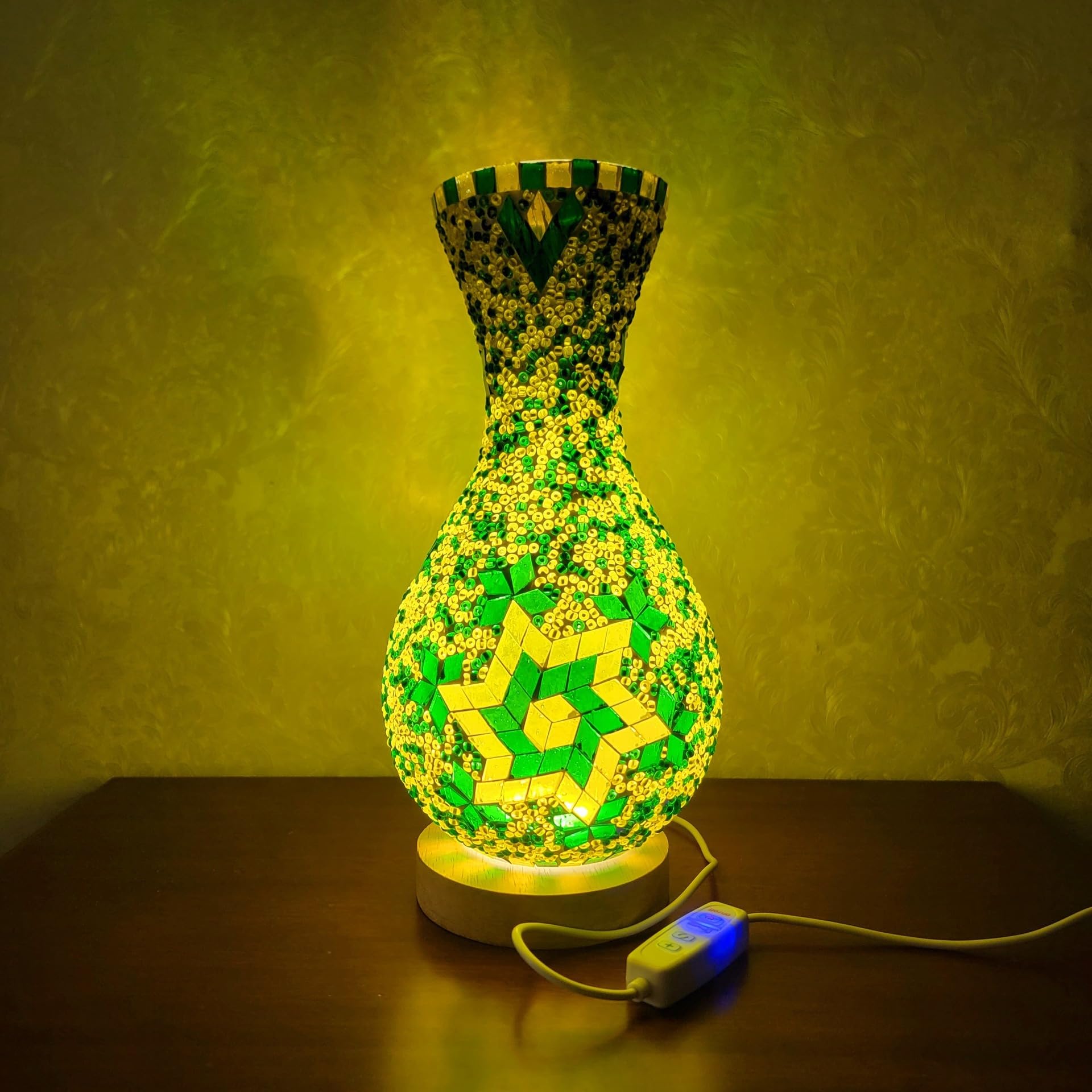 Maimeili Retro Turkish Mosaic Vase Lamp Turkish Moroccan Table Lamp Colorful Handmade Glass Vase with Wood Base for Flowers USB Charge Decor Light for Bedroom Ambient Living Room Farmhouse