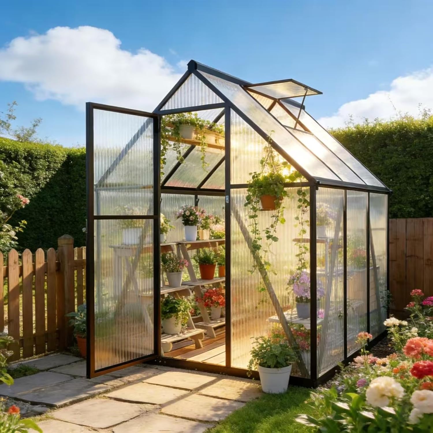 6x6 FT Greenhouse for Outdoors, Polycarbonate Greenhouse with Quick Setup Structure and Roof Vent, Aluminum Large Walk-in Green House for Outside Garden Backyard, Charcoal Black