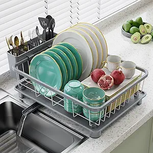 Dish Drying Rack - Space-Saving Dish Rack,Dish Racks for Kitchen Counter with Drainboard, Rustproof Dish Drainer with a Removable 4-Compartment Utensil Holder,Gray