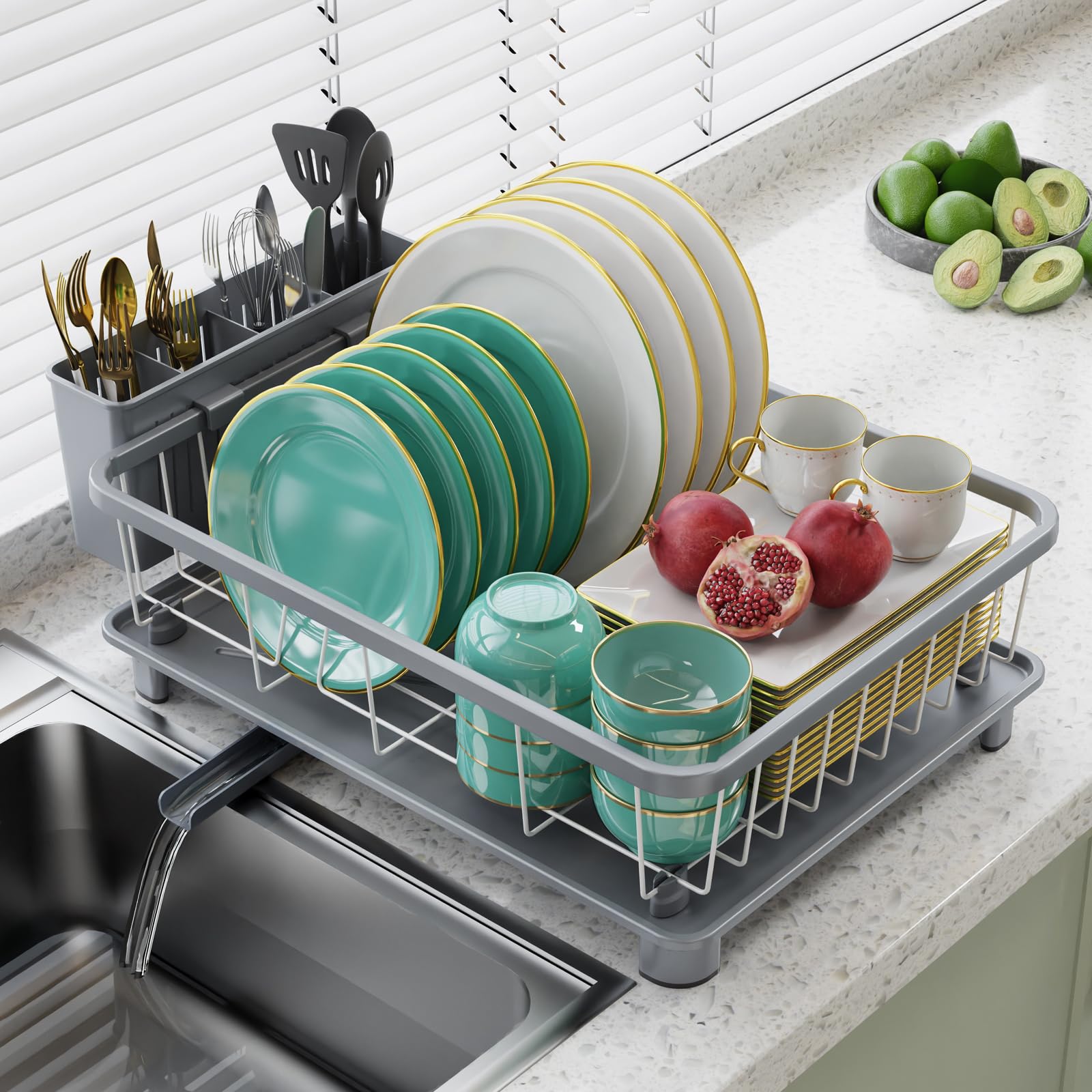 Dish Drying Rack - Space-Saving Dish Rack,Dish Racks for Kitchen Counter with Drainboard, Rustproof Dish Drainer with a Removable 4-Compartment Utensil Holder,Gray