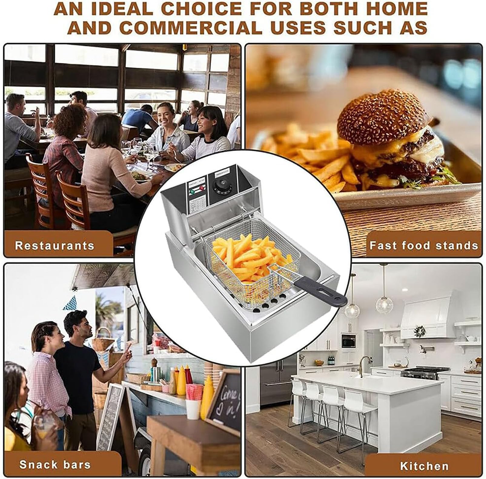 Freidora eléctrica de acero inoxidable con cesta y tapa, freidora de alta resistencia para encimera, ideal para cocina, restaurante