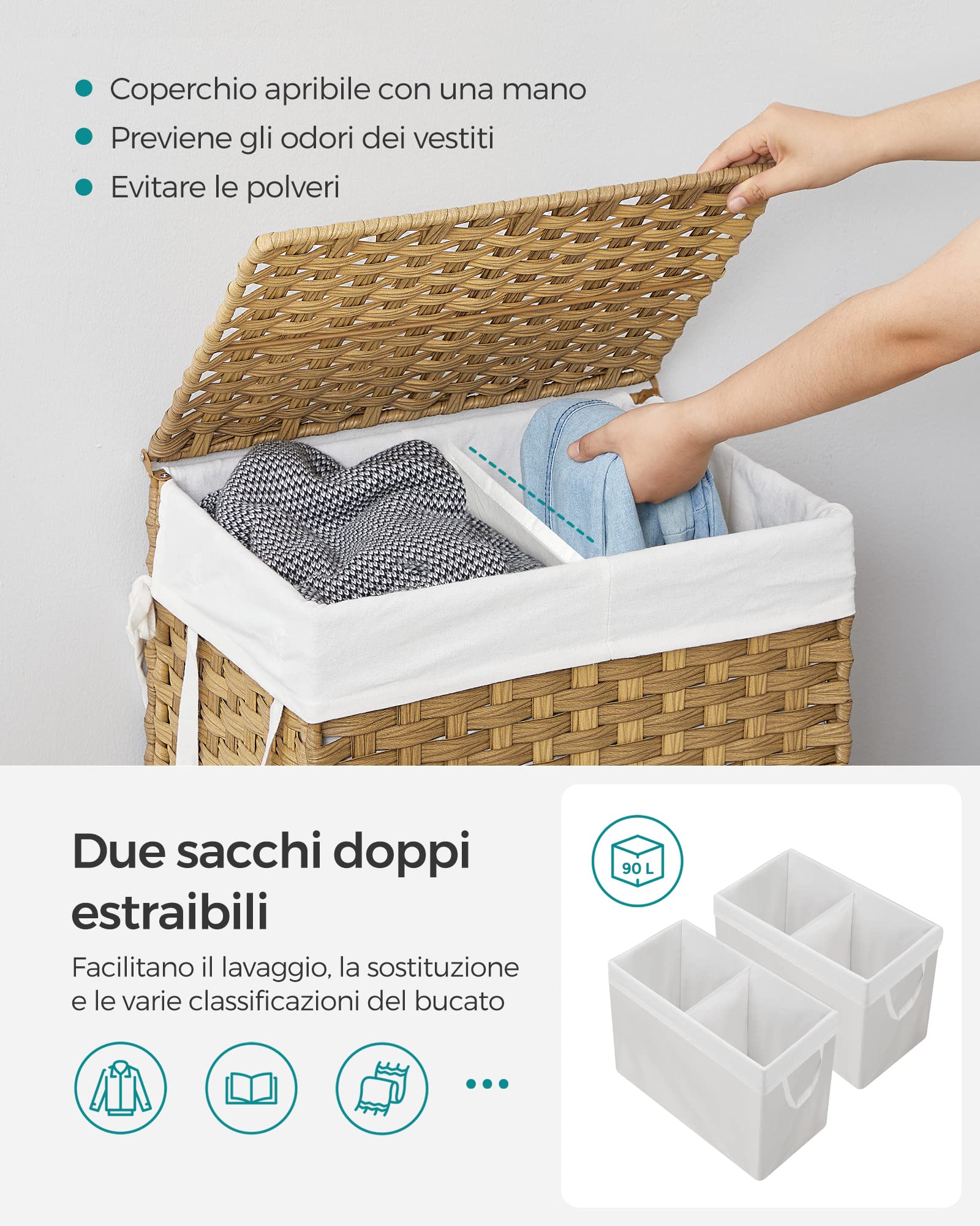 Cesto portabiancheria extra large da 50 l/90 l, a doppia sezione, con borsa rimovibile e coperchio, pieghevole, per biancheria sporca, perfetto per