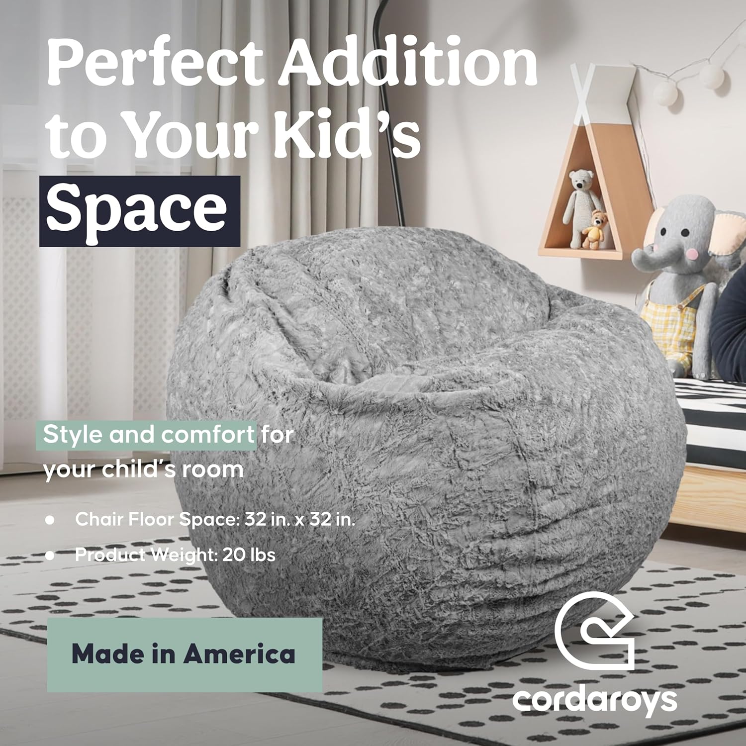 CordaRoy's Faux Fur Bean Bag-Convertible Bean Bag Chair -Machine-Washable Faux Fur Fabric Cover for Basement, Living Room, Game Room, Dorm & More - Youth Size - Grey | Made in the USA