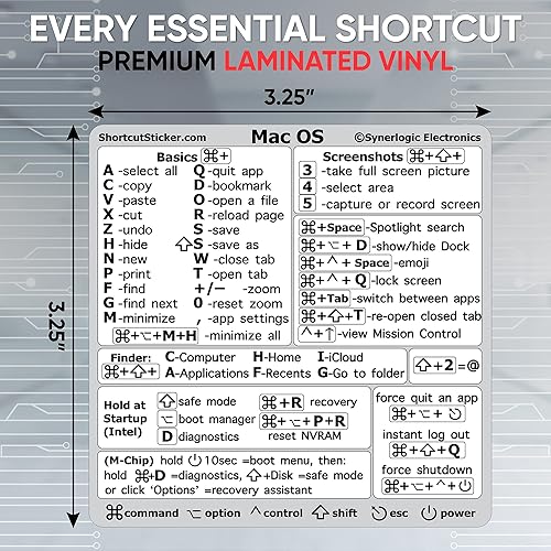 Vista 80 de Synerlogic (5 unidades) Pegatina de atajos de Mac OS, calcomanías de teclado para macOS, vinilo laminado sin residuos, hoja de trucos para MacBook