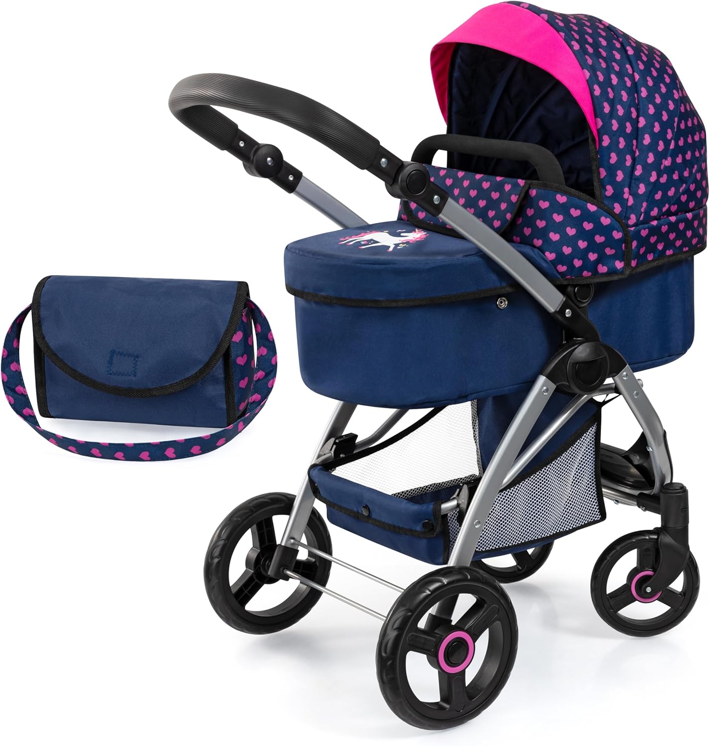 Bayer Design 17554AA City Max Doll Pram with Bag, Height Adjustable, Front Swivel Castors, Convertible to Buggy with Integrated Basket