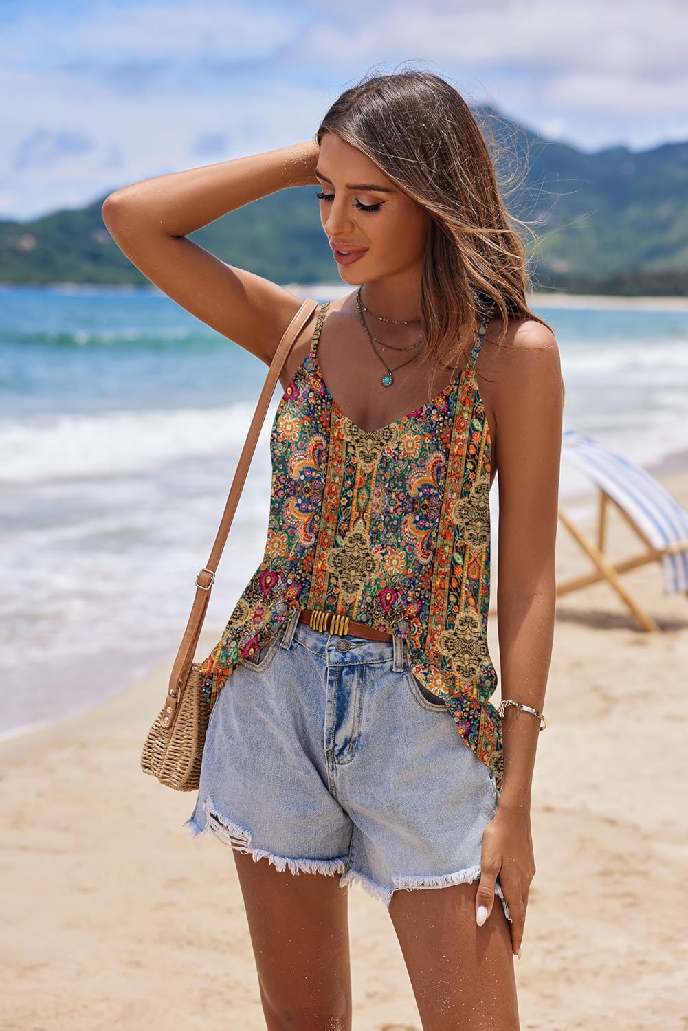 SUNAELIA Chiffon Cami V Neck Tank Tops for Women Loose Fit Flowy Spaghetti Strap Camisole Summer Casual Sleeveless Shirts - Image 2