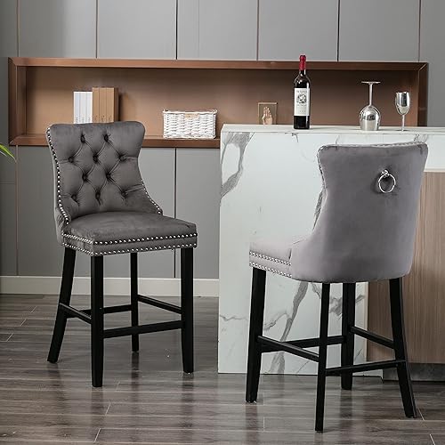 LZ LEISURE ZONE Counter Height Bar Stools Set of 2, Velvet Upholstered Dining Chairs with Nailhead Trim, Wooden Legs, Button Tufted Decor and Back Ring Pull, Grey, Seat Height 27.2"