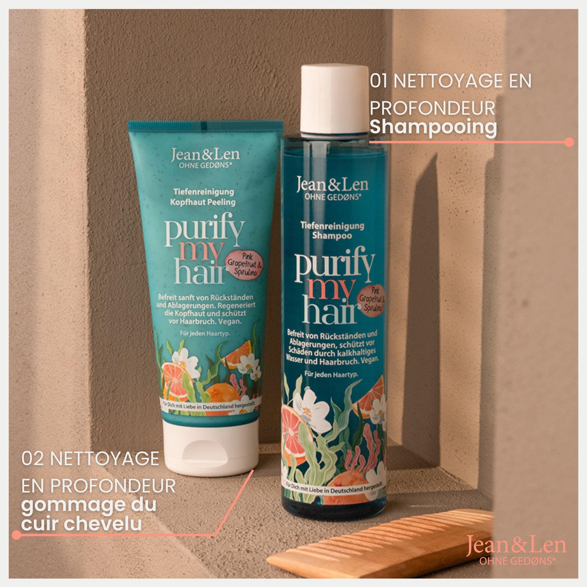 Jean & Len Shampooing Pamplemousse Rose & Spiruline, nettoie cheveux & cuir chevelu en profondeur, élimine sébum & résidus, protège de la casse, sans silicones & parabènes, végane, 300 ml