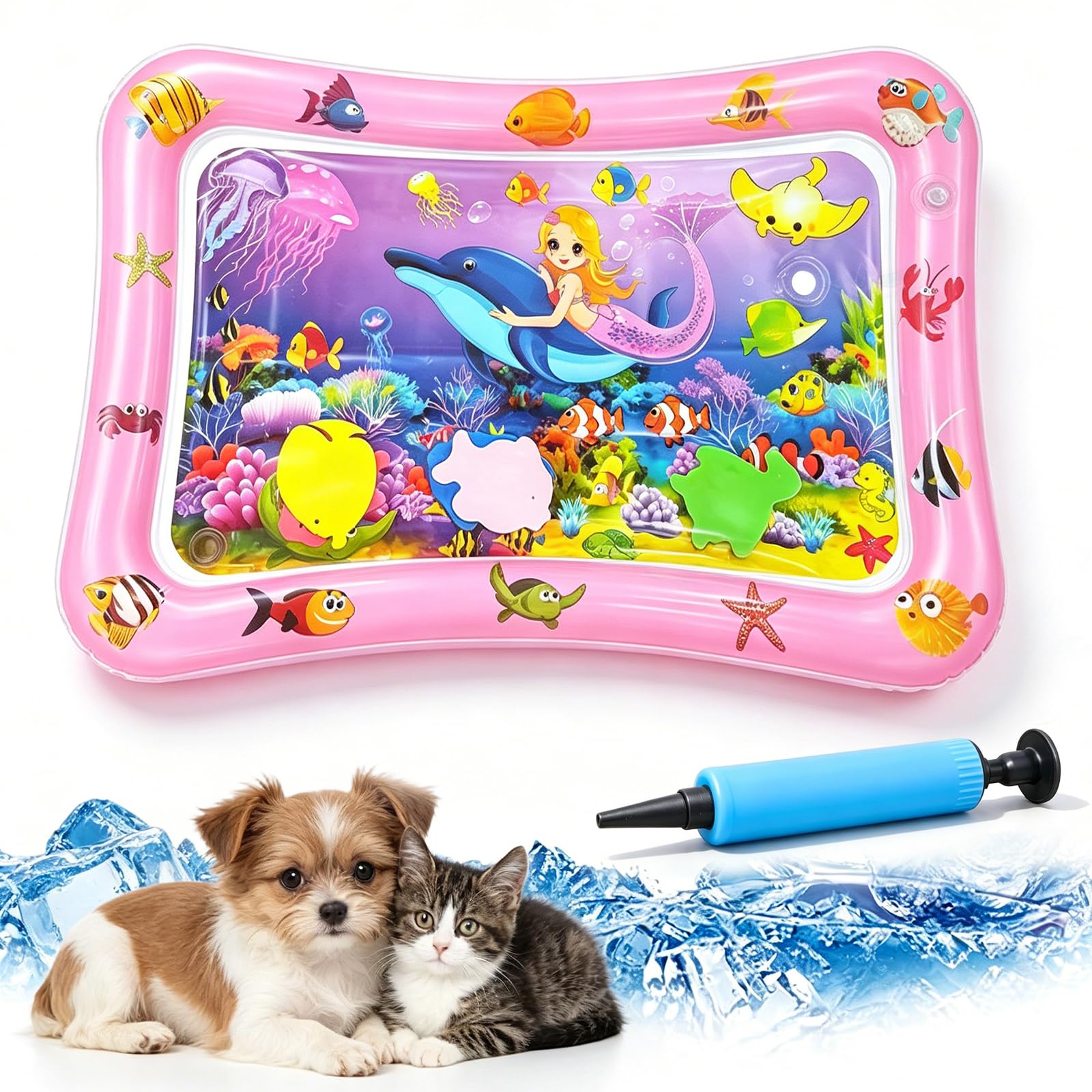 Pet Water Sensory Mat, 37.4" Large Cat Water Mat with Floating Fish, Interactive Cooling Mat for Cats & Dogs, Thickened Leak-Resistant Water Play Mat, Indoor Outdoor Pet Enrichment Toy (Square-11)