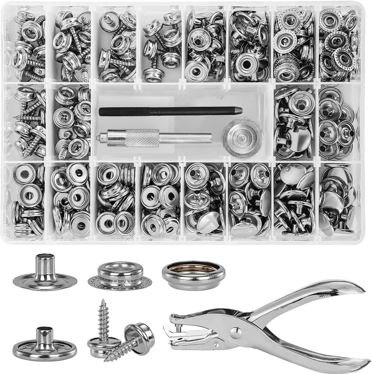 Canvas Snap Kit, Titoe 354PCS Snap Fasteners Kit with Pliers Tool and 2Pcs Setting Tools, Metal Canvas Snaps for Boat Cover Marine DIY (Silver)
