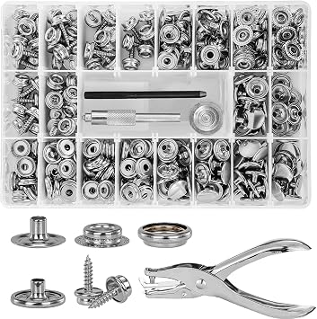 Canvas Snap Kit, Titoe 354PCS Snap Fasteners Kit with Pliers Tool and 2Pcs Setting Tools, Metal Canvas Snaps for Boat Cover Marine DIY Silver