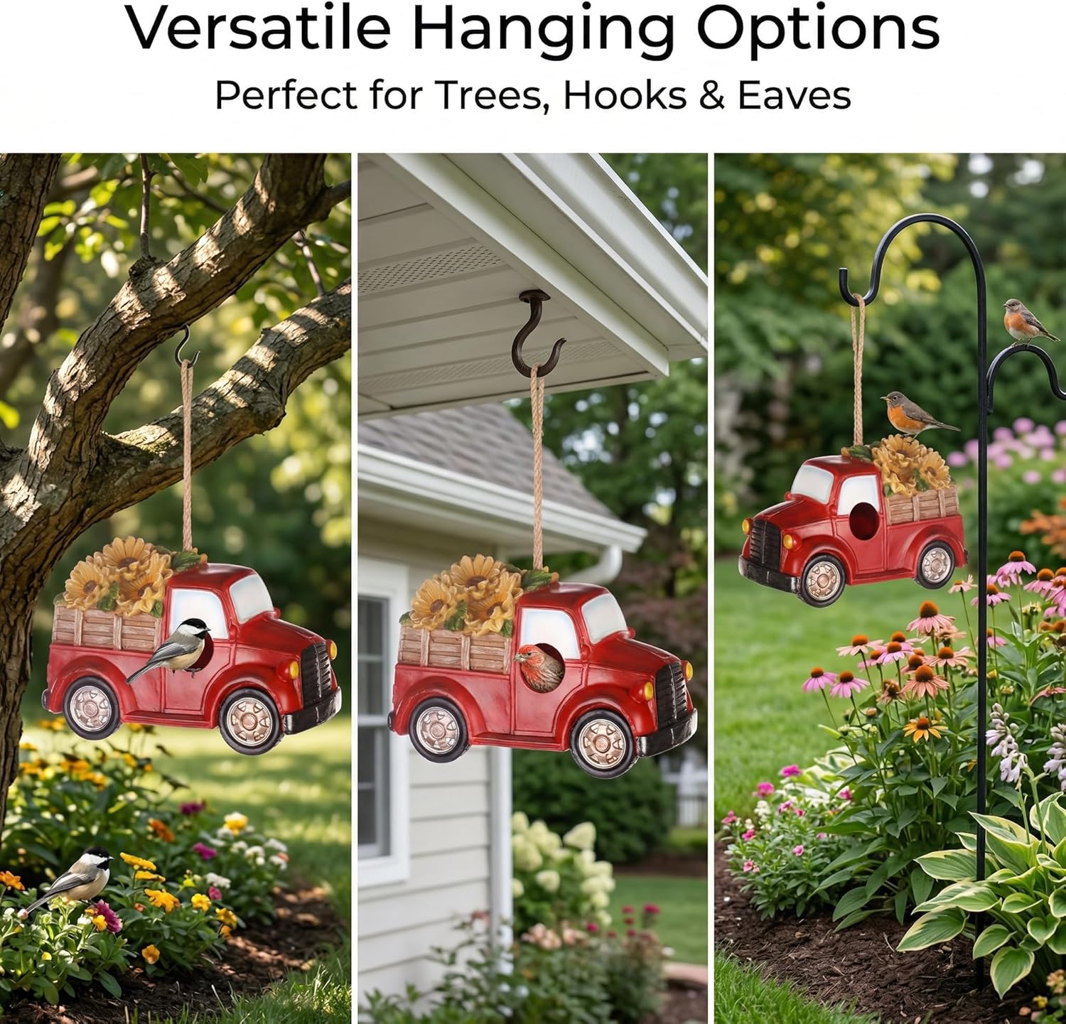 Polystone Resin Bird House Outdoor Garden Bird House, Red Truck with Flowers