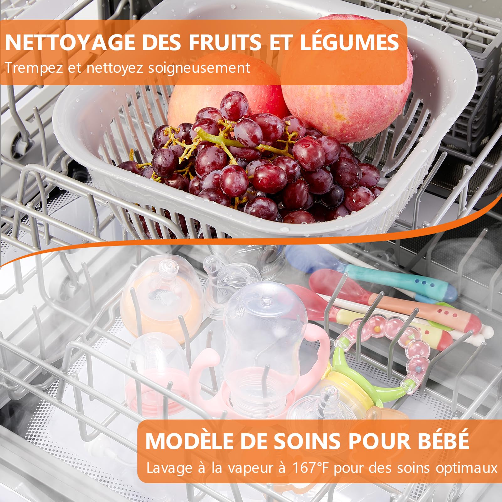 Karlxtom Lave-vaisselle de table, Mini Lave-vaisselle avec Comman destactiles à LED, 45CM, 6 Programmes, Lavage des fruits, Soins Pour Bébés