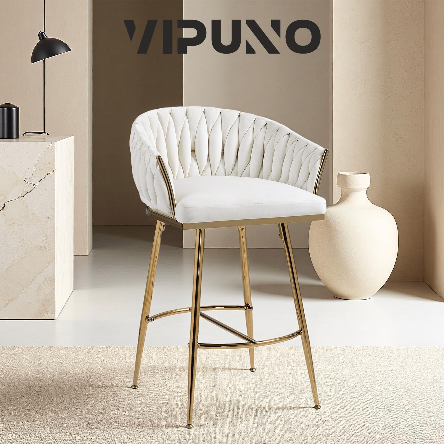 Velvet Counter Height Bar Stools Set of 2, 26" Ergonomic Backrest, Gold Metal Legs, Soft Cushion Seat, Non-Slip Adjustable Glides, Elegant Kitchen Island Chairs for Dining Room, White