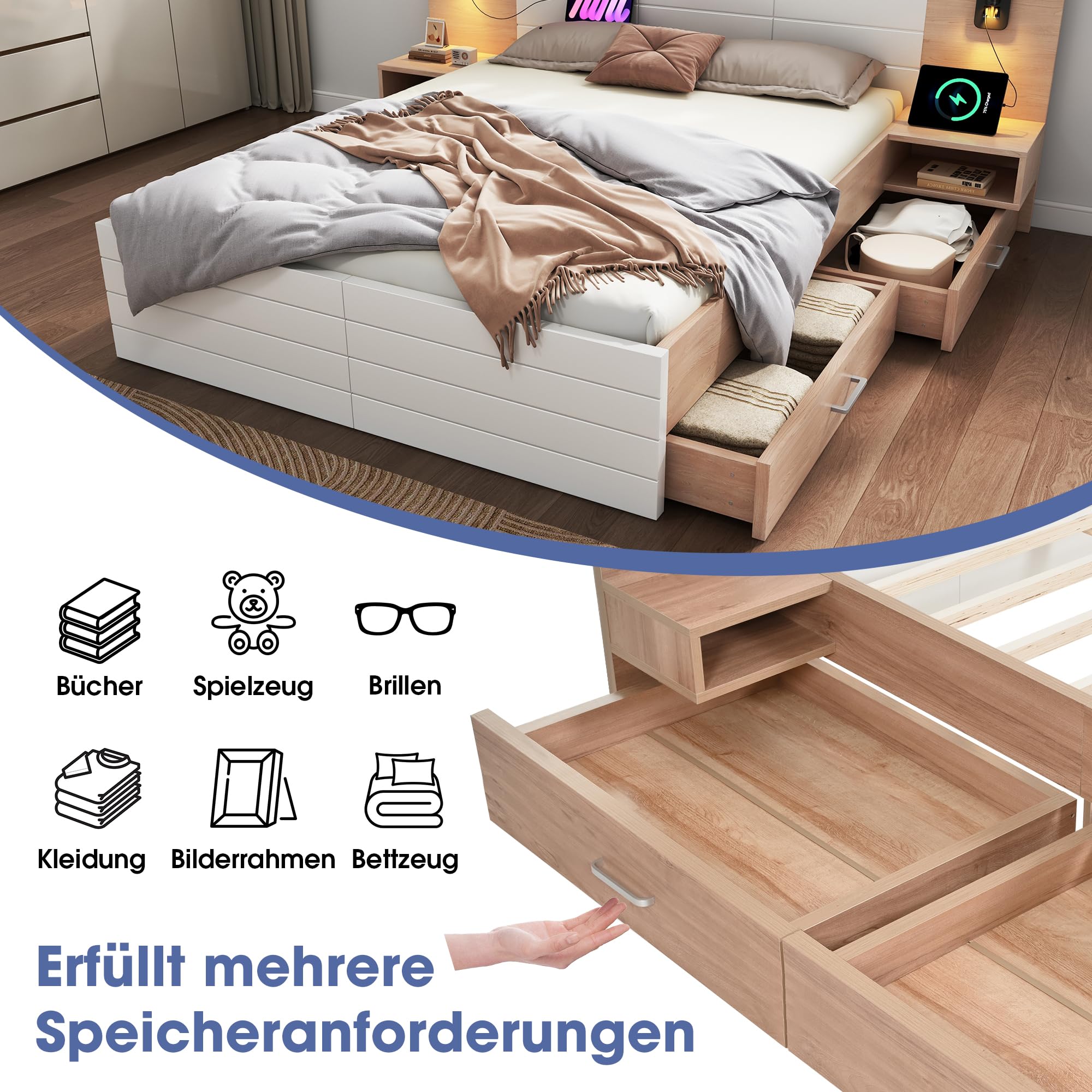 Lit double en bois, 160 x 200 cm, avec 2 tiroirs, lampe de tête de lit, lampe de lecture, avec fonction de charge USB, lit moderne, avec 2 commodes de chevet, cadre de lit et sommier à lattes, 235 x