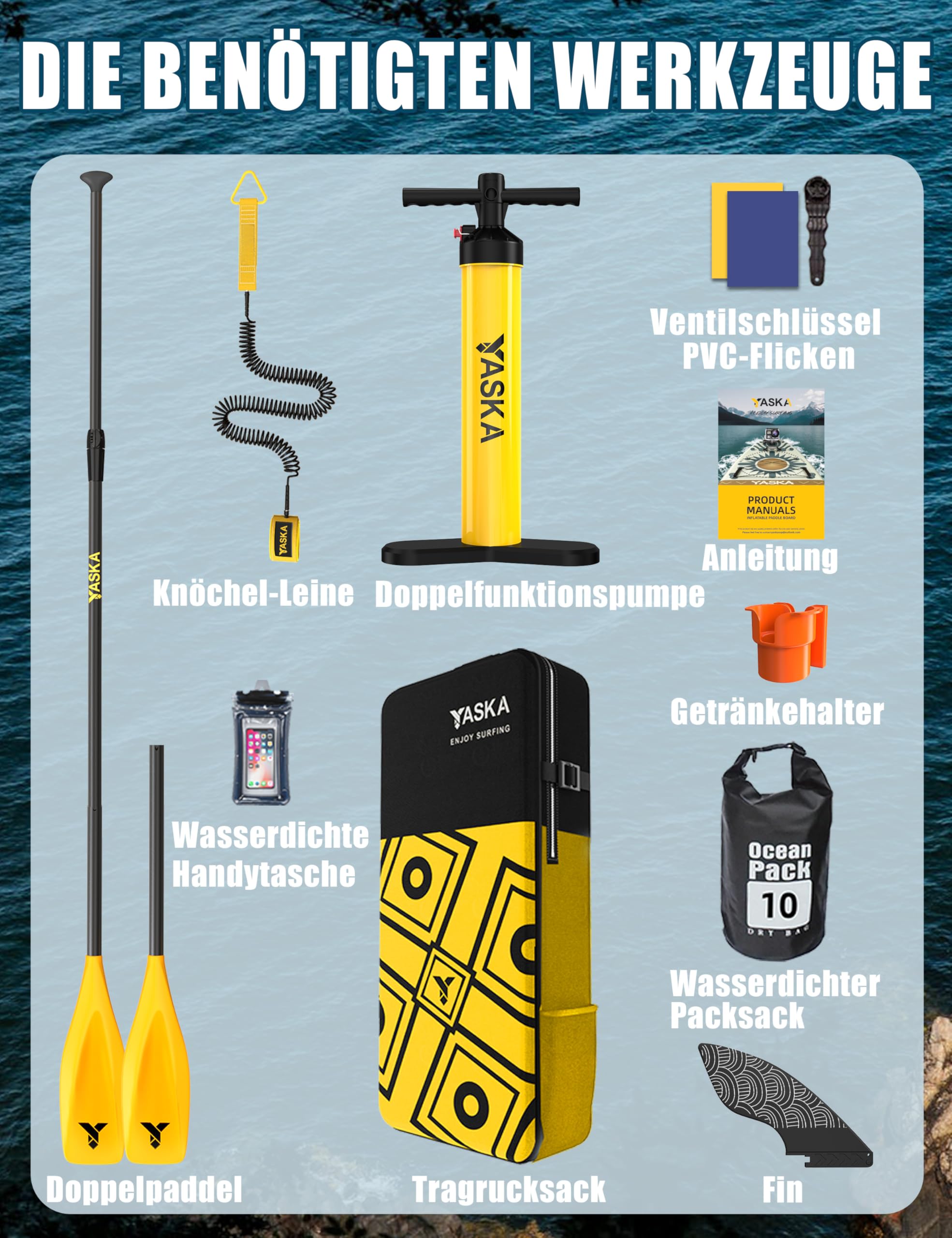 Yaska SUP Gonfiabile Adulti con Tutti gli Accessori e Portabicchiere,335cm Stand up Paddle Gonfiabile per Tutti i Livelli di Abilità,Paddle Board con Capacità di 200kg per 2 Persone