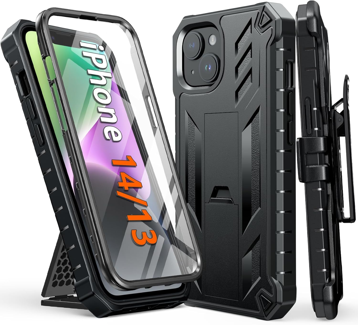FNTCASE for iPhone 14/13 Case : with Belt-Clip Holster & Kickstand – Heavy Duty Military Grade Protection Cover Shockproof TPU Phone Shell Durable Rugged Full Protective Phonecase – 6.1 inch Black