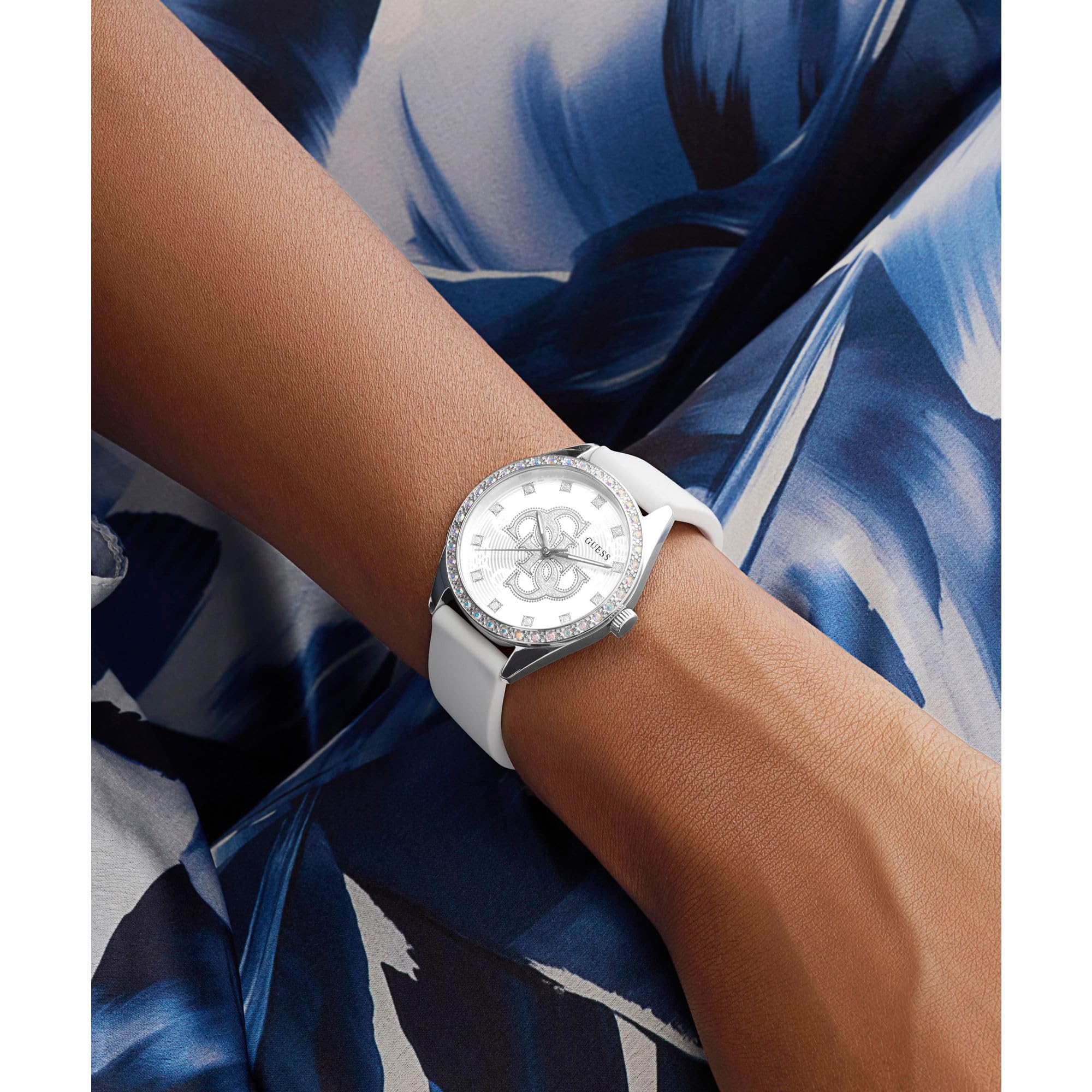 GUESS Reloj de Mujer AVA GW1042L1 Analógico, Movimiento Cuarzo, Caja Acero Inoxidable, Correa Blanca de Silicona