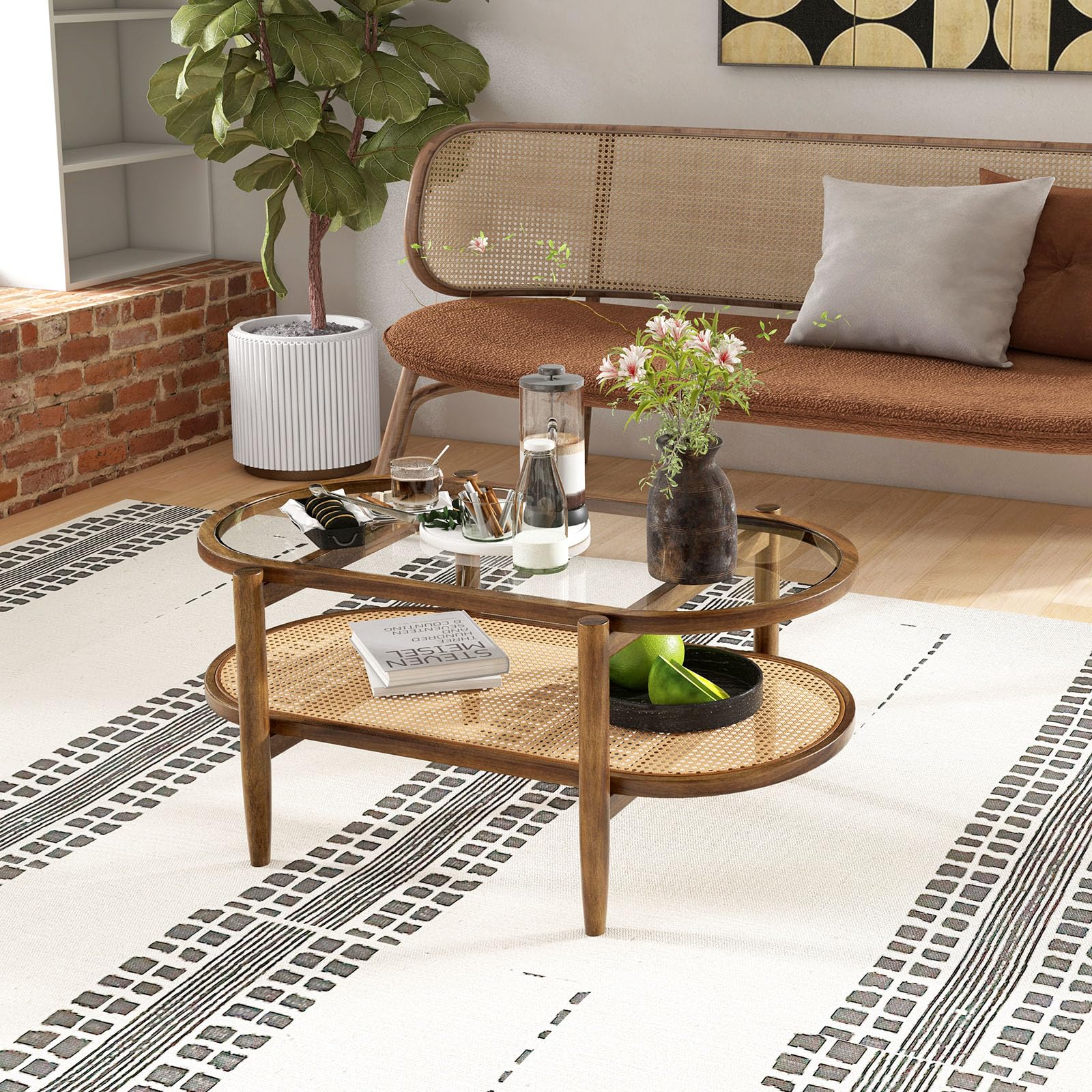LIFEZEAL Tavolino Salotto, in Legno Massello e Vetro, Tavolino da Caffè, da Soggiorno, Moderno, Basso, Ovale, a 2 Ripiani, con Decorazione in Rattan, Max 90 kg, 102x46x47 cm, Marrone Rustico