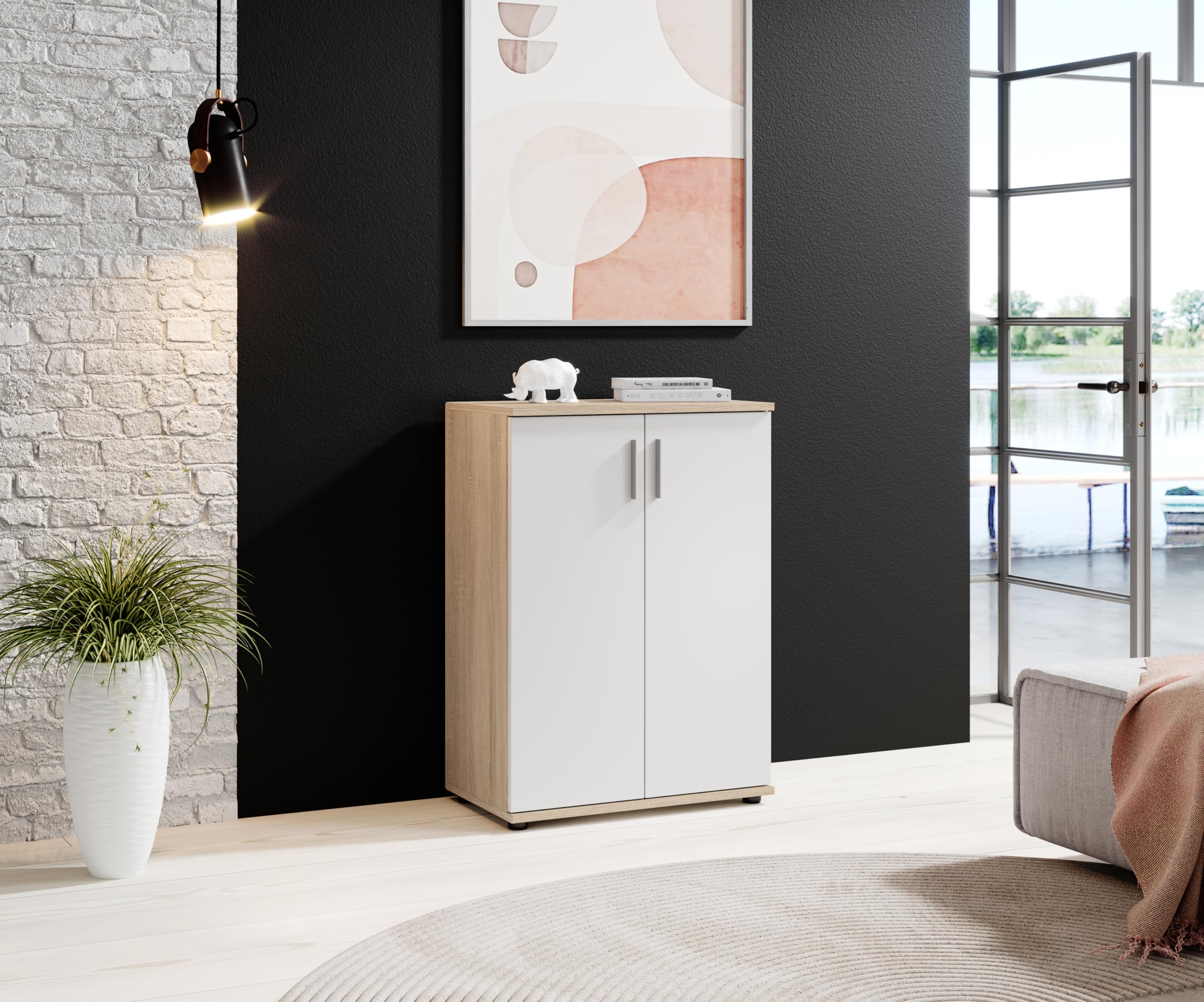 Mobile Multiuso Rovere Bianco 2 Ante con Ripiano 60x35x84 cm | Armadietto in legno, 2 ante, ripiano interno, struttura compatta salvaspazio, per sala corridoio ingresso