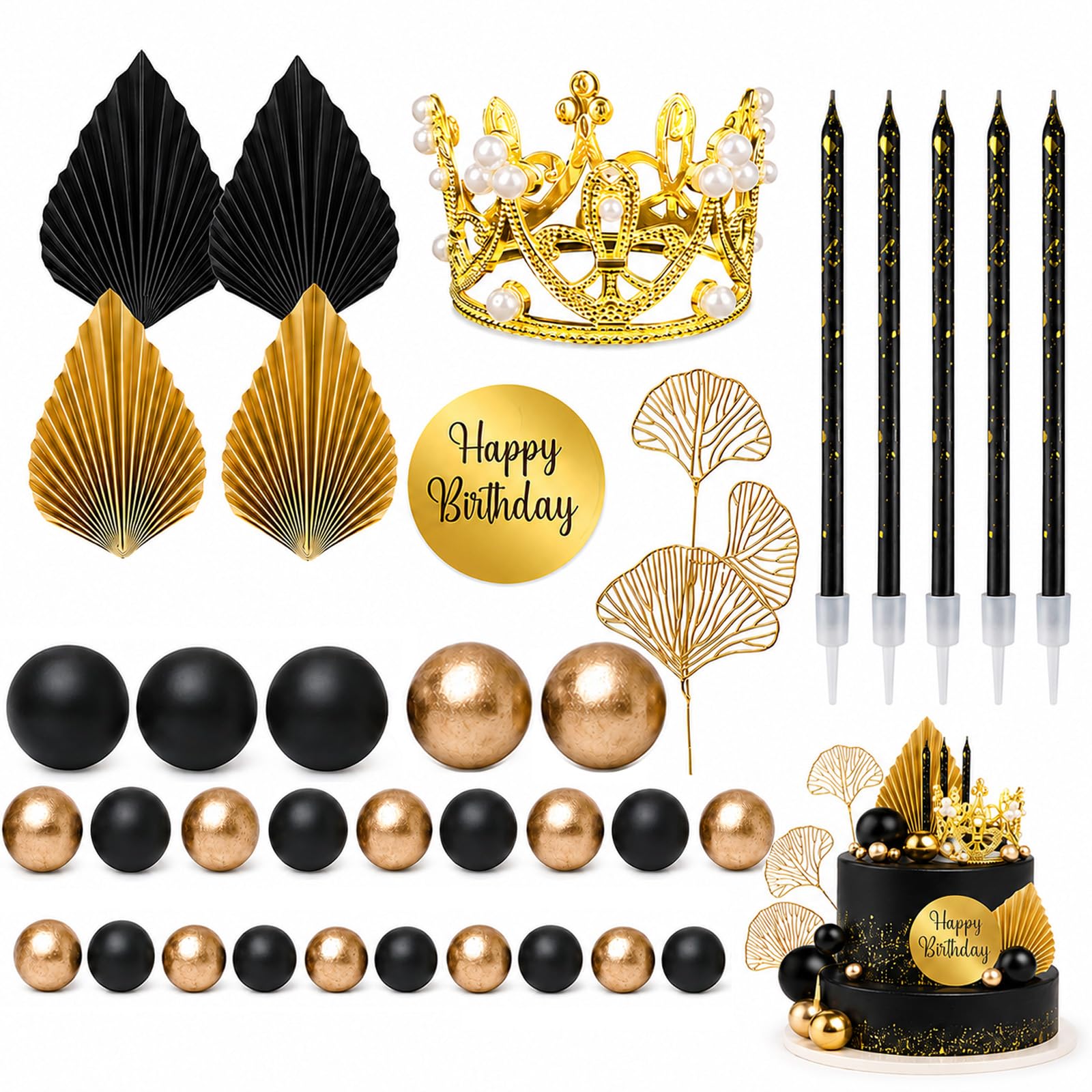 38 PCS Black and Gold Cake Decorations, Set with Candles