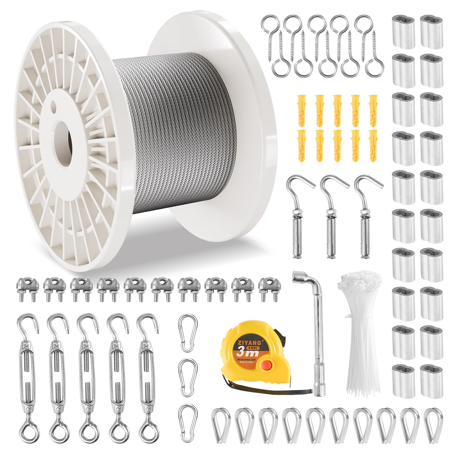 VEVOR Câble Acier Inoxydable, 3,18 mm x 30,5 m, Câble Métallique Inox Tressé 7x7 Qualité Aéronautique avec Accessoires, Résistance Rupture 7,1 kN, pour Garde-corps, Rampe Escalier, Clôture, Extérieur