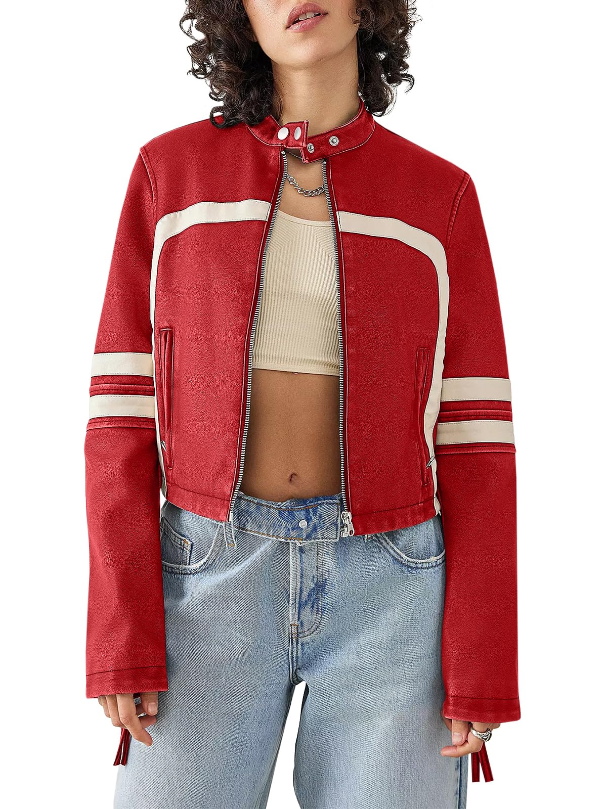 Saodimallsu Womens Faux Leather Jackets Cropped Racer Moto Biker Coats
